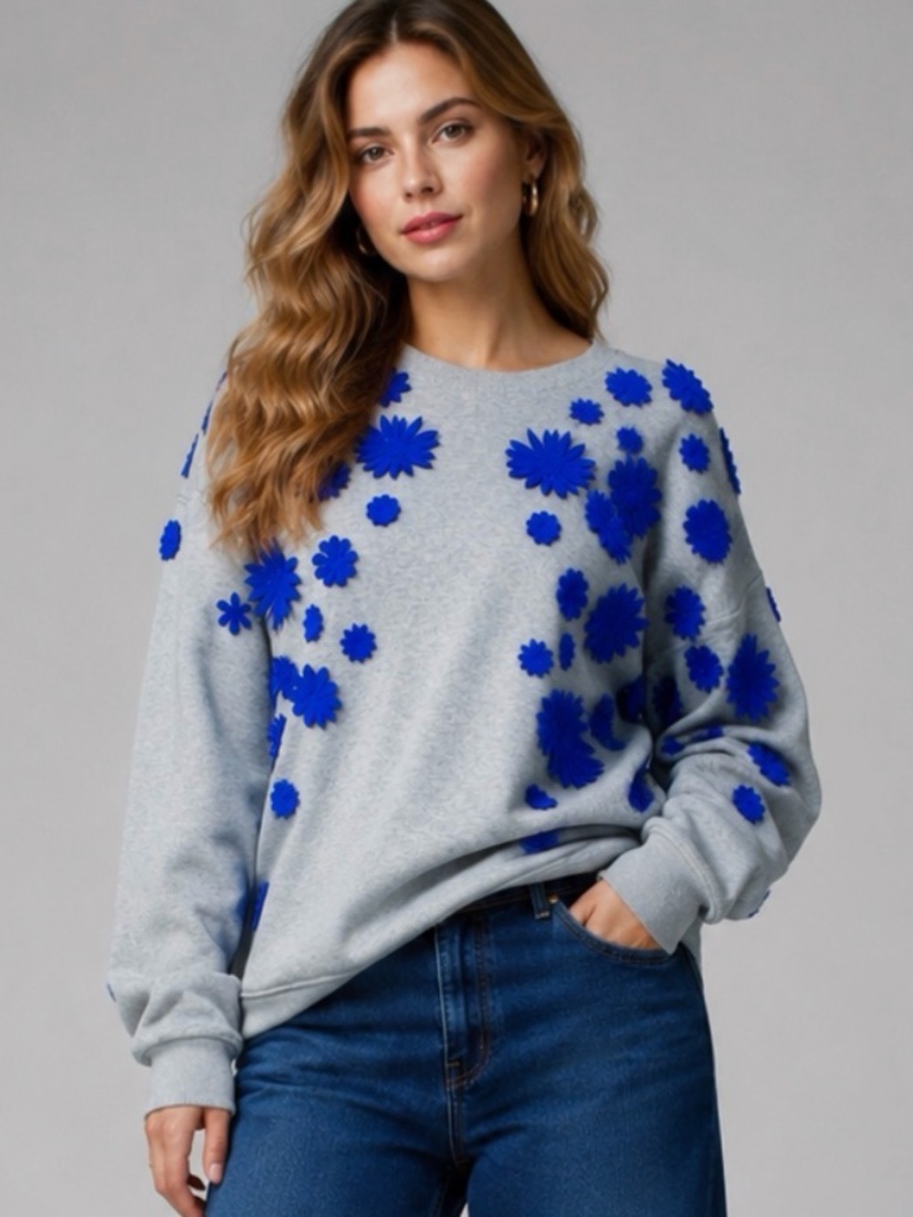 J.CREW Exploded Floral Blue Appliqué Crewneck Sweatshirt XS